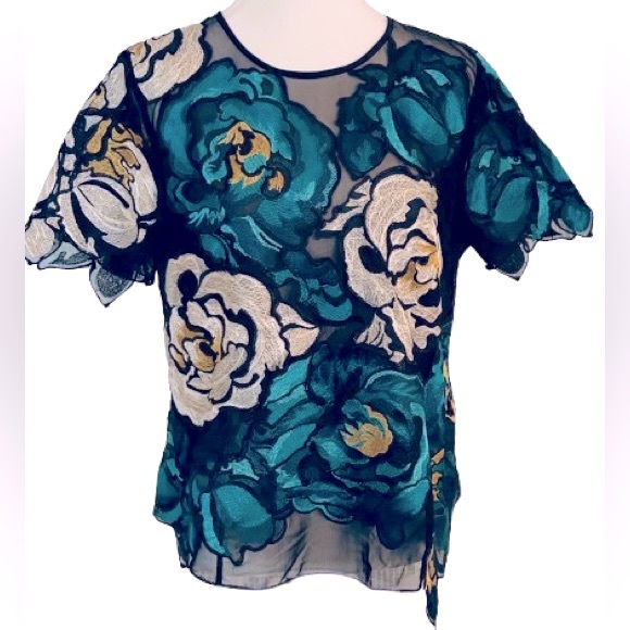Illusion Appliqué Floral CARLISLE Top Blouse Embroidered Teal Blue Green 12 Aqua - Picture 1 of 15